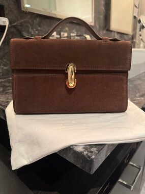 Structured Brown Suede Top-Handle Women's pouchette bag/clutch